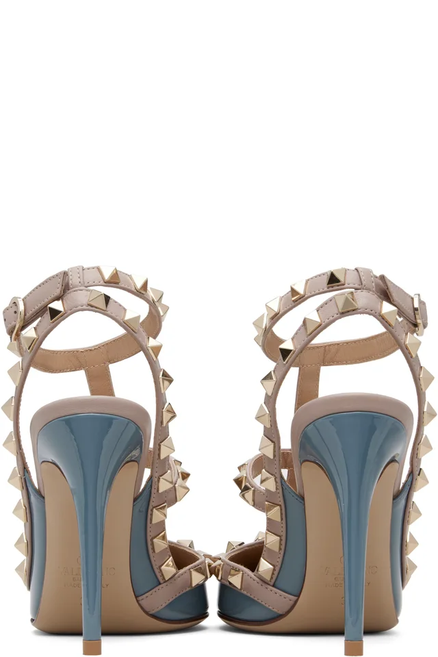 Valentino Garavani Blue & Pink Rockstud Ankle Strap Heels, photo 2 of 4 from SSENSE