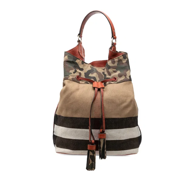 Brown Burberry Mega Check Canvas Camouflage Susanna Tassel Bucket Bag in Brown Canvas from Designer Revival