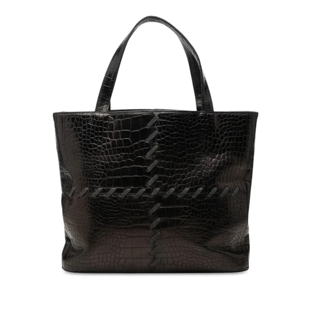 Black Saint Laurent Croc Embossed Leather Tote in Black Crocodile from Designer Revival