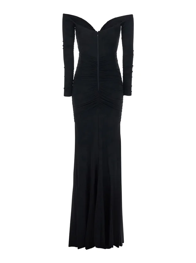 ELISABETTA FRANCHI Black Off Shoulder Dress with Ruffles in Stretch Viscose for Women in Black 95% Viscose 5% Elastane, photo 4 of 6 from Gaudenzi Boutique