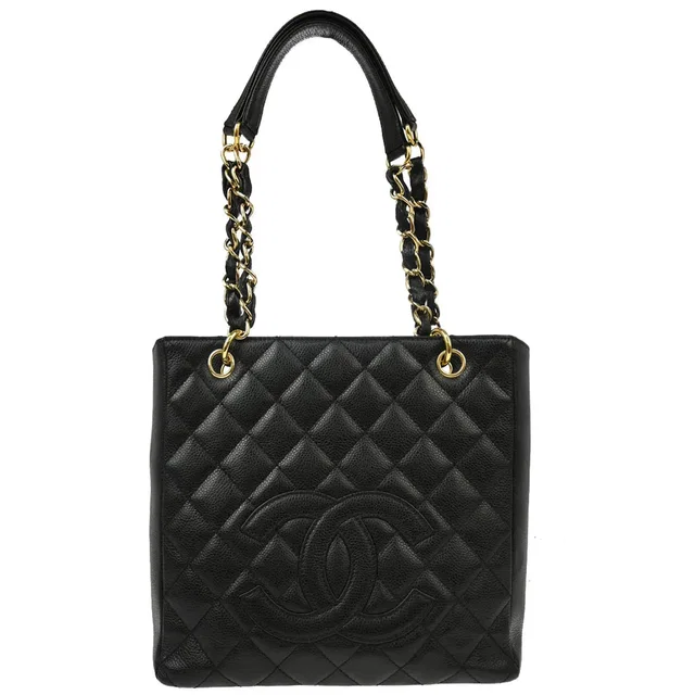 Chanel 2006-2008 Black Caviar Petite Shopping Tote PST Chain Handbag in Black Caviar leather from AMORE Vintage Tokyo