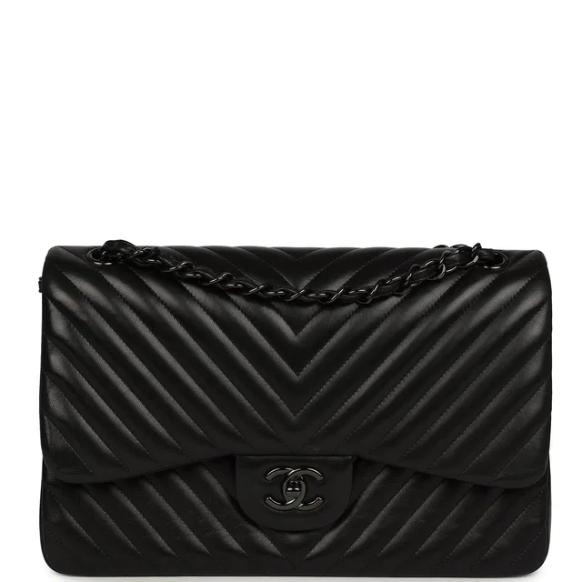 Chanel Jumbo Classic Chevron Double Flap Bag So Black Lambskin Black Hardware in Black Lambskin from Madison Avenue Couture
