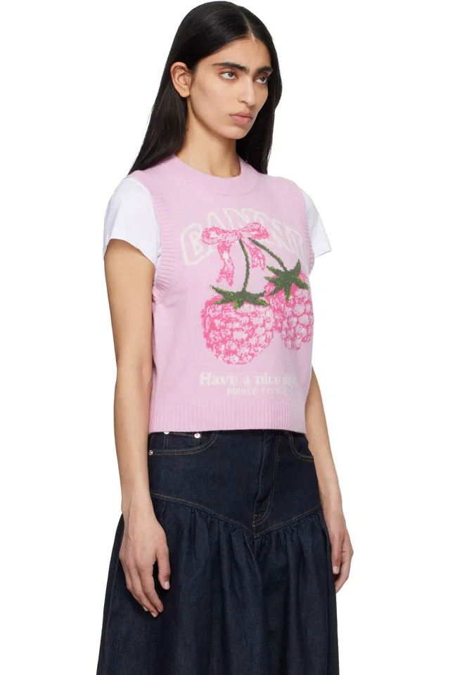 GANNI Pink Graphic Wool Sweater Vest, photo 2 of 4 from SSENSE