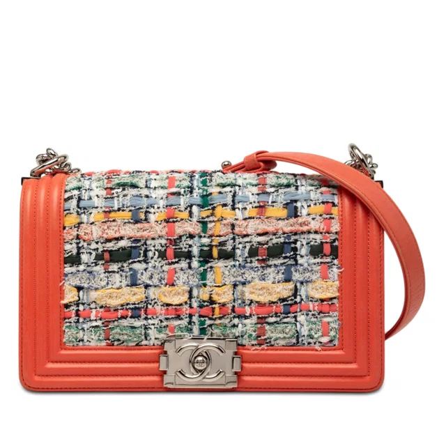 Orange Chanel Medium Tweed and Lambskin Boy Flap Crossbody Bag in Orange Lambskin from Designer Revival