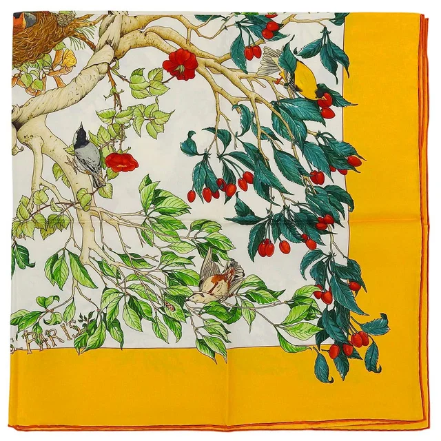 Hermès Carré 90 Au Coeur Des Bois Scarf Orange/Multi in Orange Silk from VINTAGE QOO TOKYO