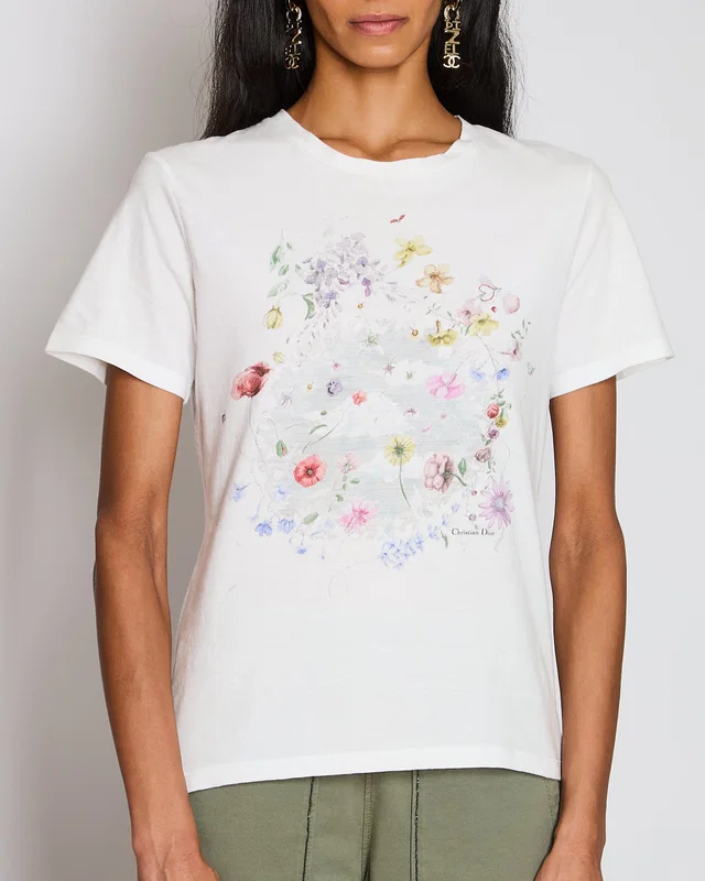 Dior White Floral Print Logo T-Shirt Size FR 36 (UK 8) in White from Sellier
