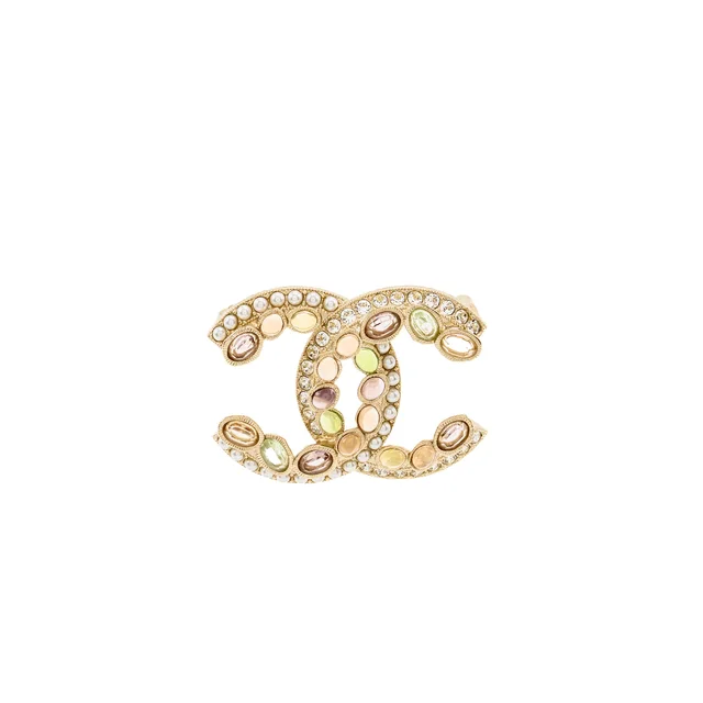 Chanel CC Brooch Rhinestones/Crystal/Pearl Multicolour with Light Gold Tone in Gold from EMIER