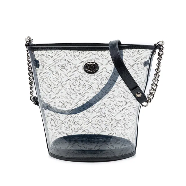 Black Chanel Medium PVC and Crumpled Calfskin Camellia Coco Bucket Bag in Black Calfskin from Designer Revival