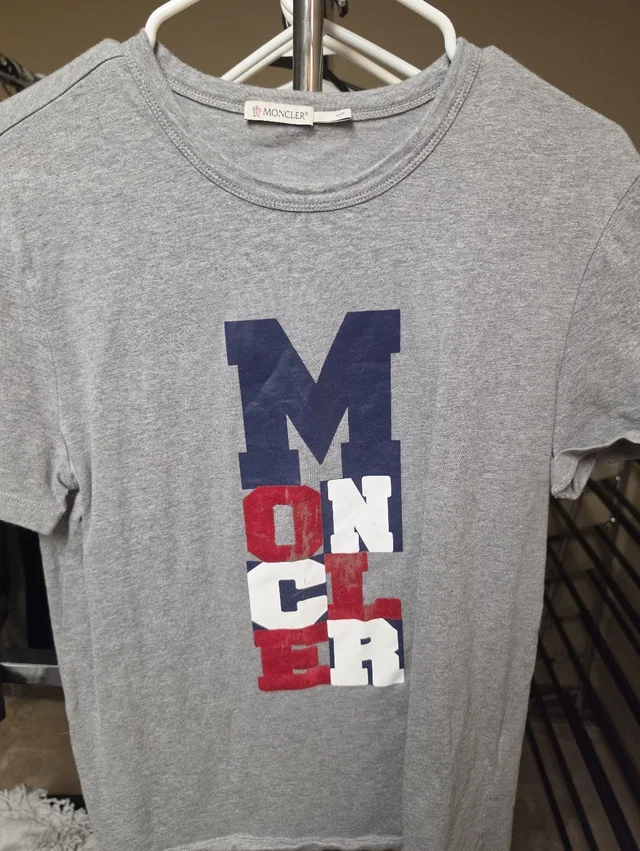 Moncler Gray Short Sleeve Tee With Navy, Red And White Stacked Logo in gray|blue from Poshmark
