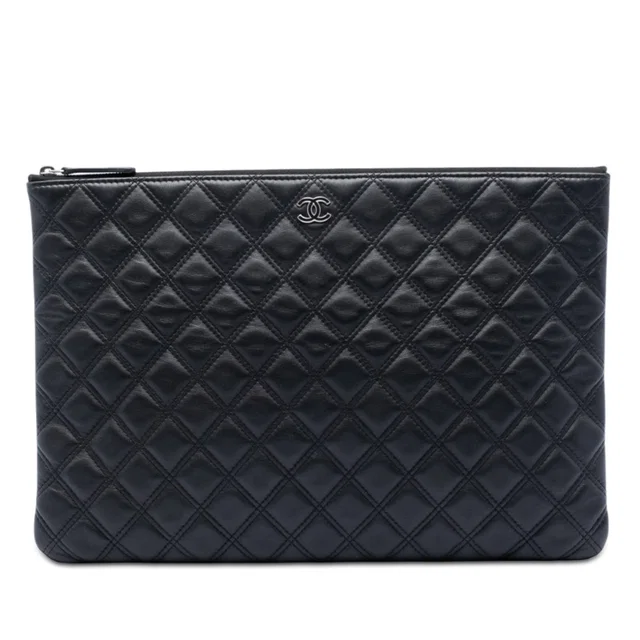 Black Chanel Large Quilted Lambskin Double Stitch O Case Clutch in Black Lambskin from Designer Revival