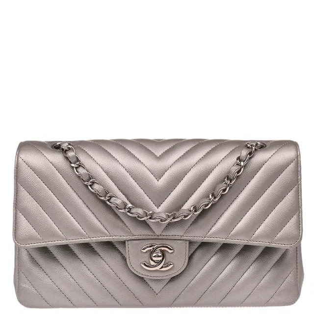 Chanel 2016-2017 Silver Caviar Chevron Medium Classic Double Flap Shoulder Bag in Silver Caviar leather from AMORE Vintage Tokyo