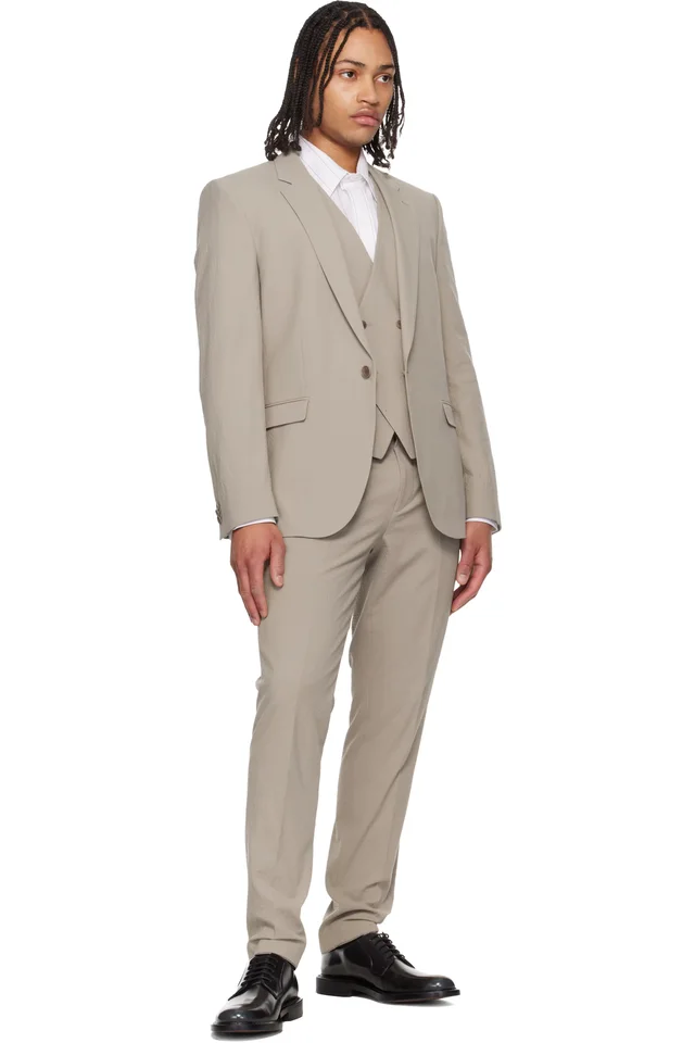 Hugo Taupe Three-Piece Extra-Slim-Fit Stretch-Cotton Seersucker Suit, photo 6 of 6 from SSENSE