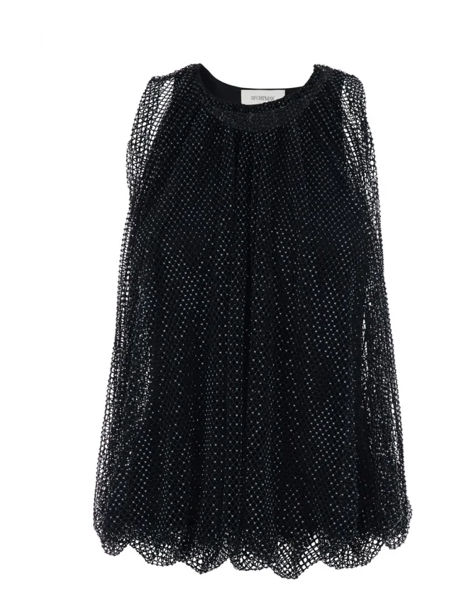 Top with Mesh Design and All-Over Applied Rhinestones in Black Fabric for Women in Black, image 1 of 1 from Gaudenzi Boutique