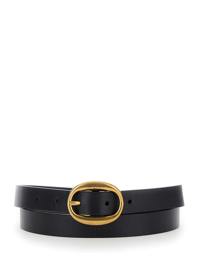Saint Laurent Oval Buckle Belt — Black Leather in Black Leather from HEWI