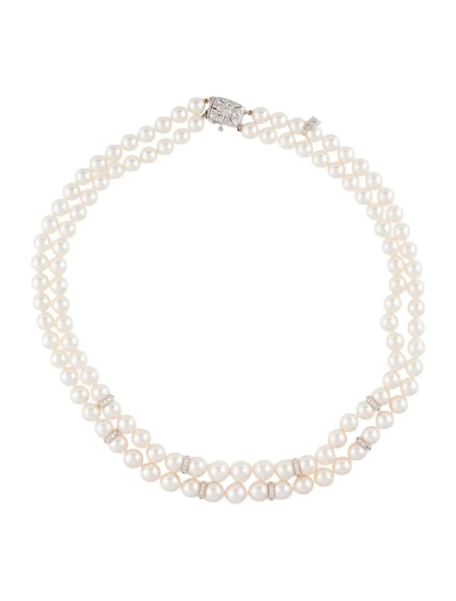 Mikimoto 18K Akoya Pearl & Diamond Double Strand Necklace, 17.75" in multicolor from The RealReal