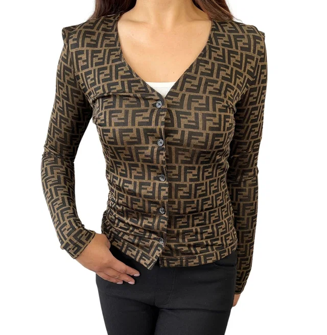 Fendi Vintage Zucca Monogram Logo Shirt Top #36 Button Brown Rayon Rank AB in Brown from Luxury Promise