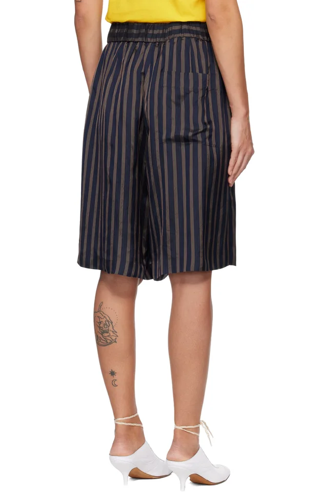Dries Van Noten Navy Striped Satin Shorts, photo 3 of 4 from SSENSE