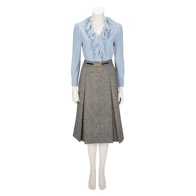 Celine Wool Tweed Buckle Detail Pleated Skirt FR 36 in Black & White Tweed from Blue Spinach