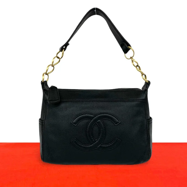 Chanel CC Logo Leather Chain Shoulder Bag Mini Tote Black in Black Leather from The Reluxe