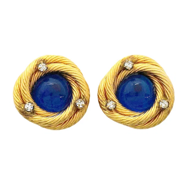 Chanel Earrings Vintage Round Circle Gold Plated Rhinestone Gripoix Blue in Blue from The Reluxe