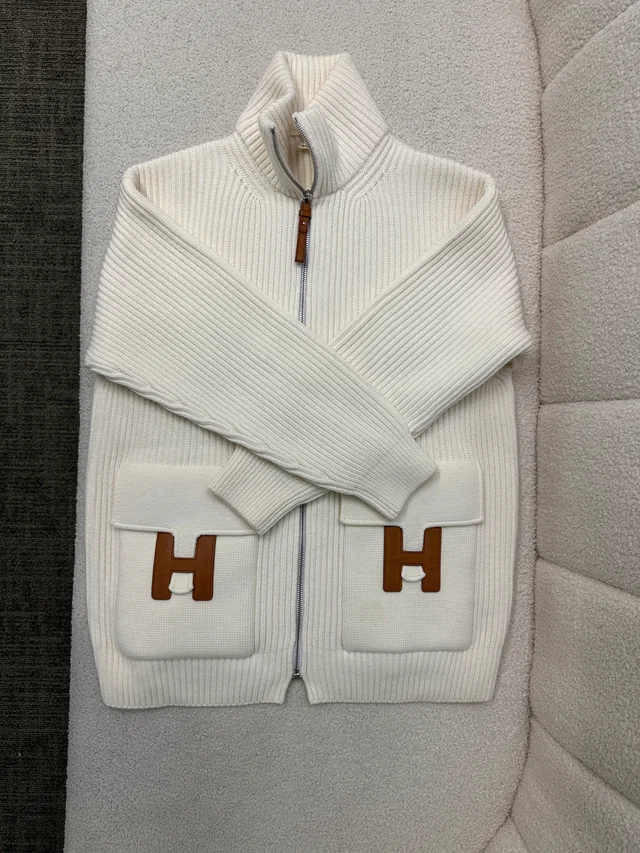 Hermès Wool Knit Jacket Blanc Naturel in White Wool from Luxury Promise