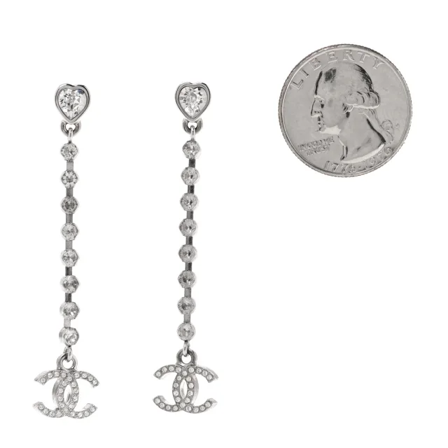 Chanel Crystal CC Heart Drop Earrings Silver in Silver from FASHIONPHILE, photo 2 of 6