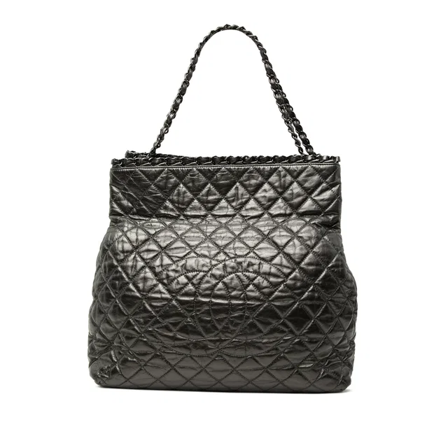 Black Chanel Large Glazed Calfskin Quilted Chain Me Tote in Black Calfskin from Designer Revival