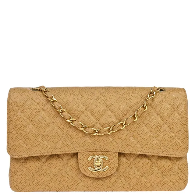 Chanel 2002-2003 Beige Caviar Skin Medium Classic Double Flap Shoulder Bag in Beige Caviar leather from AMORE Vintage Tokyo