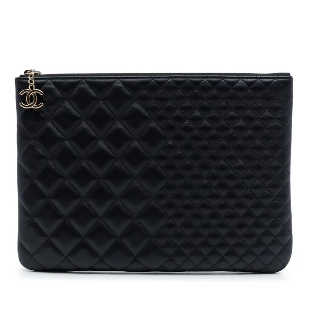 Black Chanel Medium Bi Quilted Lambskin O Case Clutch in Black Lambskin from Designer Revival