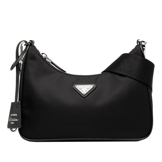 Black Prada Saffiano Trimmed Re Nylon Re Edition 2005 Satchel in Black Saffiano leather from Designer Revival