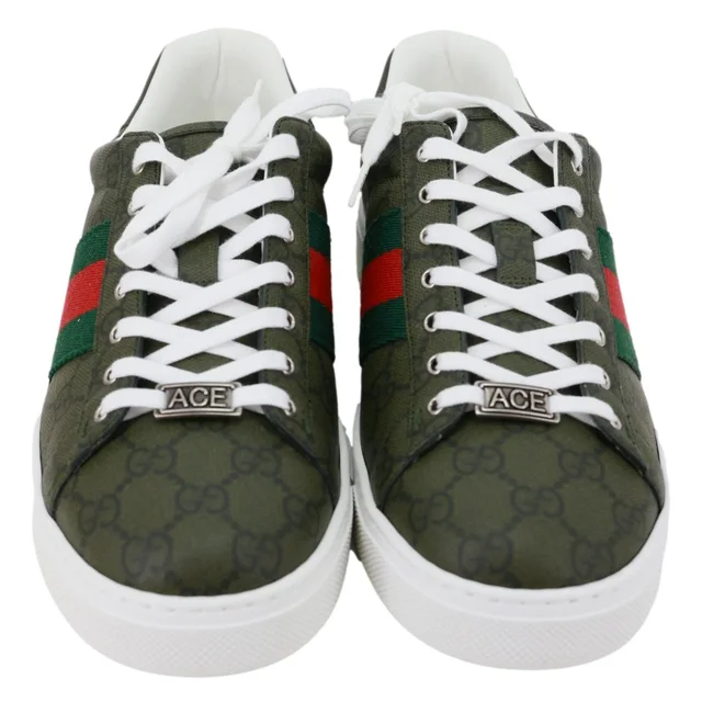 Gucci Ace Web GG Supreme Canvas Sneakers Deep Green 760775 Size 8.5 in Green Canvas from Dallas Designer Handbags
