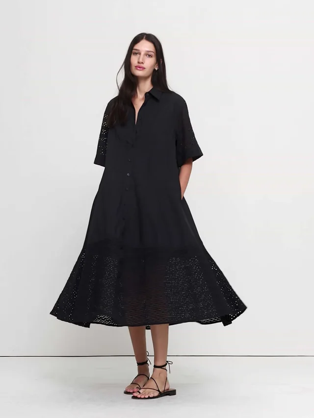 Banana Republic Eyelet Trapeze Maxi Shirt Dress in Black with Embroidery, photo 5 of 5 from Banana Republic (Canada)