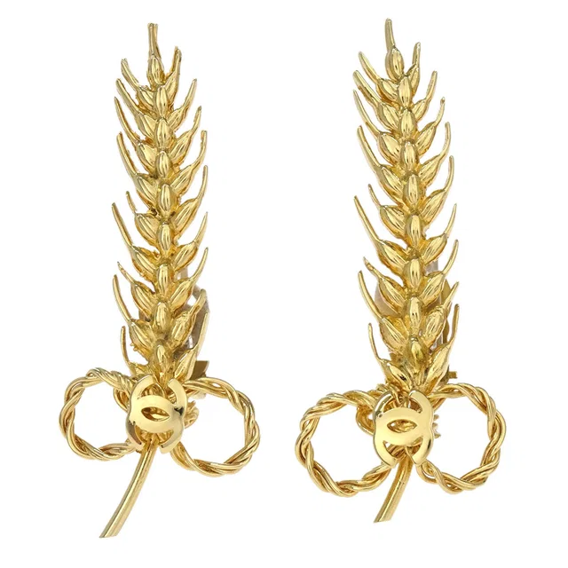 Chanel Ear Of Wheat CC Clip-On Earrings Gold in Gold from AMORE Vintage Tokyo