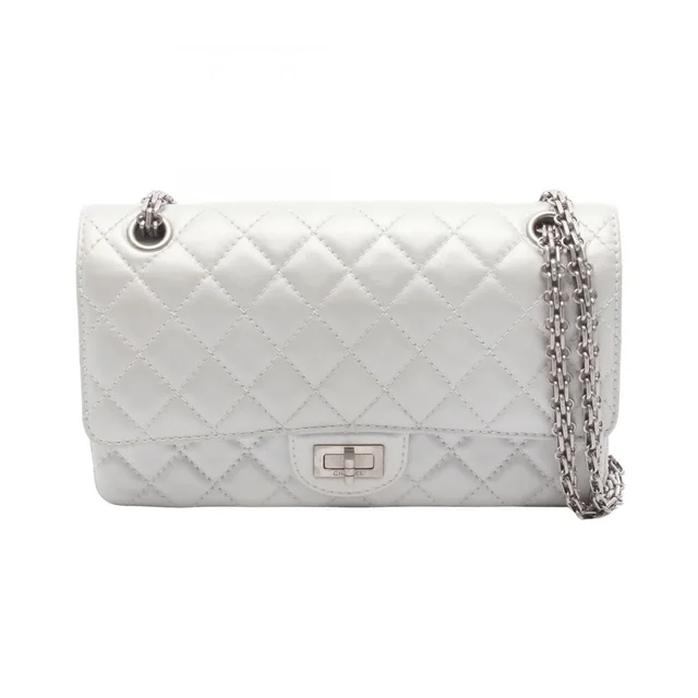 Chanel Shoulder Bag 2.55 Quilted Mademoiselle Chain Silver Leather Double Flap in Silver Leather from The Reluxe