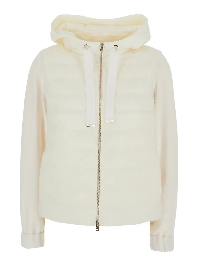 White Hooded Puffer Jacket with Drawstring and Quilted Design in Tech Fabric and Cotton for Women in White, image 1 of 1 from Gaudenzi Boutique
