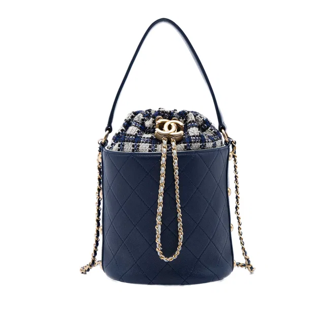 Blue Chanel Medium CC Calfskin and Tweed Drawstring Bucket Bag Satchel in Blue Calfskin from Designer Revival