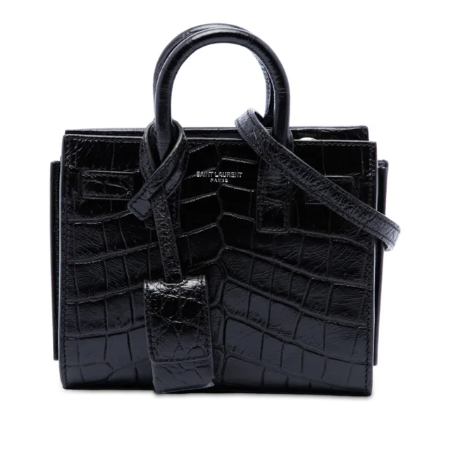 Black Saint Laurent Toy Croc Embossed Leather Sac De Jour Satchel in Black Crocodile from Designer Revival
