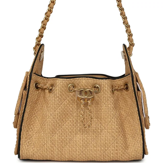 Chanel Mini 25 Hobo Bag Beige Raffia and Black Calfskin Antique Gold Hardware in Beige Raffia from Madison Avenue Couture