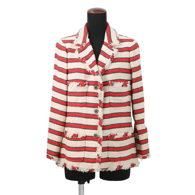 Chanel Striped Tweed Jacket Size 42 Ivory/Red/BrownP33189 Cotton 38% Silk 38% Polyamide 17% Wool 4%… in White Tweed from GALLERY RARE