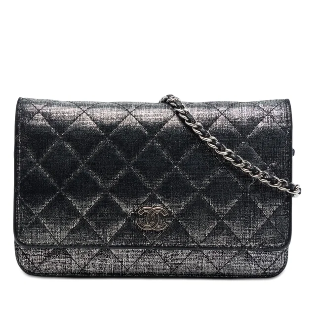 Grey Chanel CC Quilted Metallic Fabric Wallet On Chain Crossbody Bag in Grey Woven leather from Designer Revival