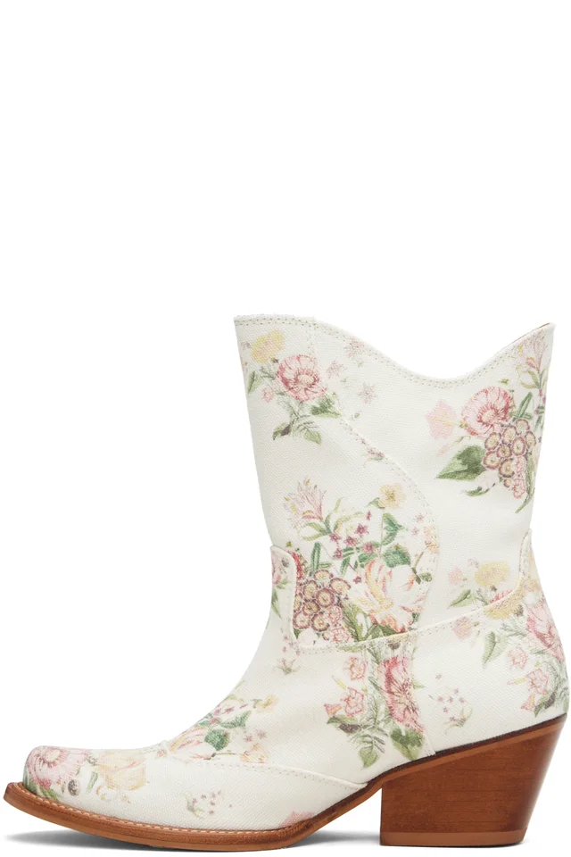 OPEN YY Off-White Floral Western Mid Calf Boots, photo 3 of 5 from SSENSE
