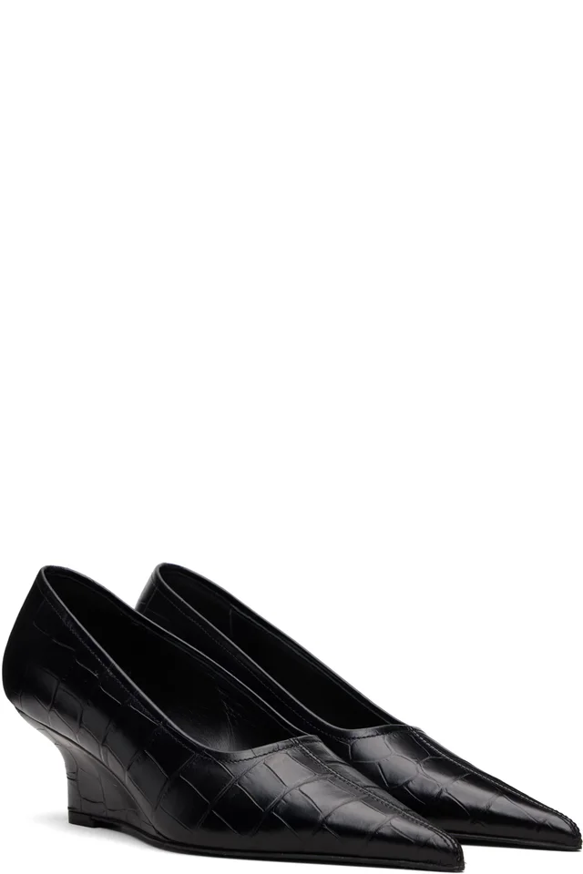 TOTEME Black Sharp Croco-Embossed Wedge Heels, photo 4 of 5 from SSENSE