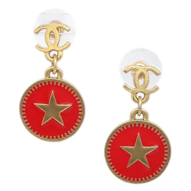 Chanel Button Star Dangle Piercing Earrings Gold Red 01P in Red from AMORE Vintage Tokyo