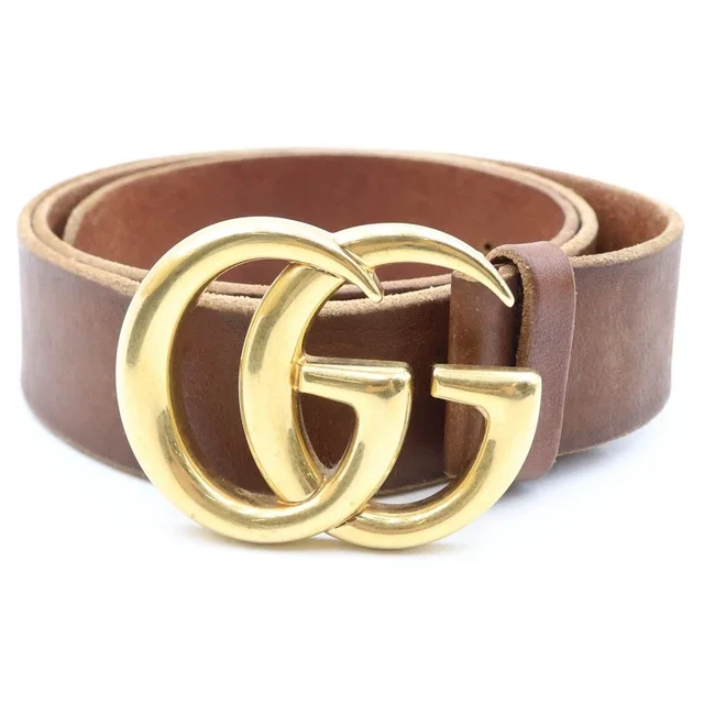 Gucci GG Marmont Leather Belt Gold Brown in Brown Leather from The Reluxe