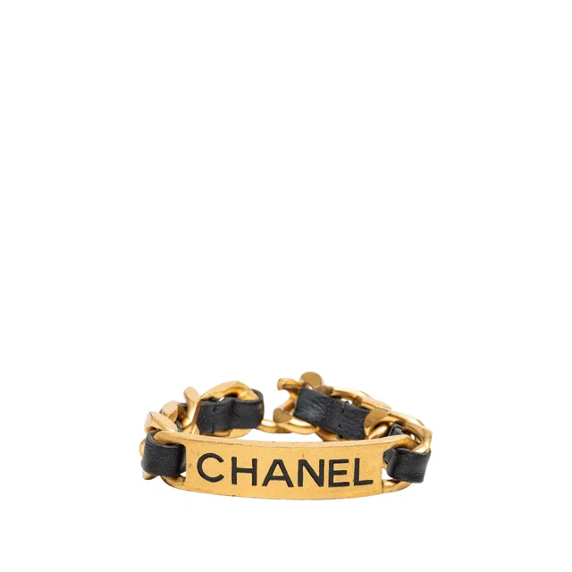 Black Chanel Gold Plated and Calfskin Logo Plate Chain Bracelet in Black Calfskin from Designer Revival