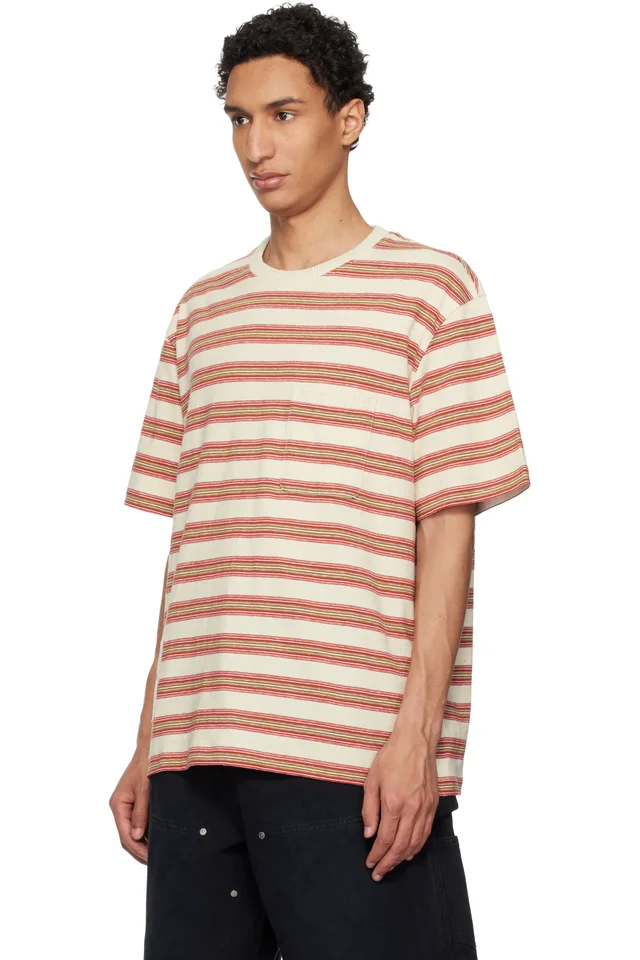 WOOYOUNGMI Beige & Red Stripe T-shirt, photo 4 of 4 from SSENSE