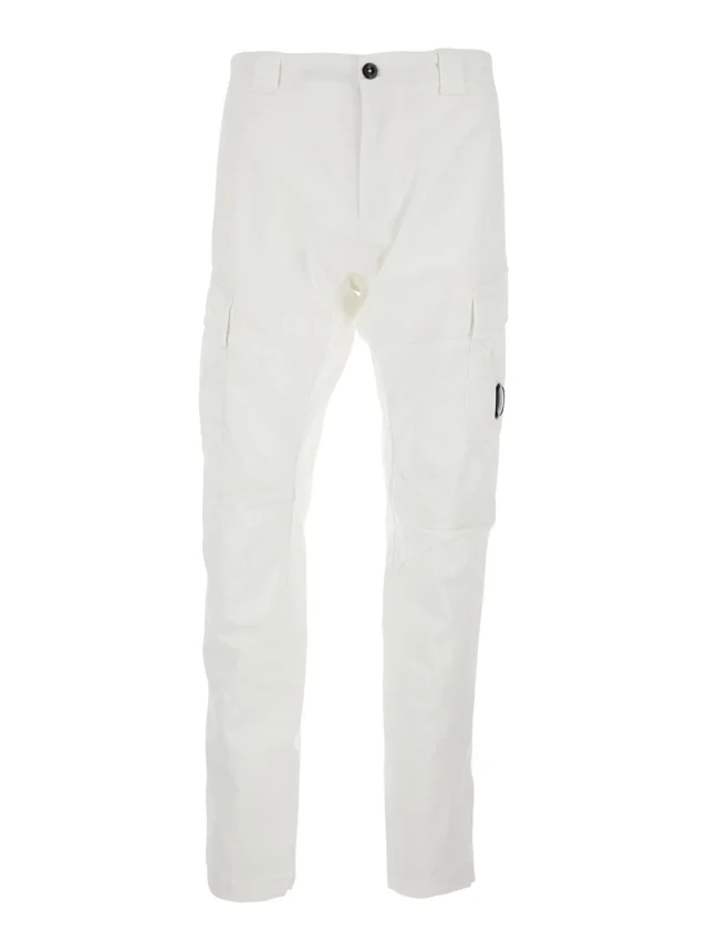 White Cargo Pants with Logo Plate on the Side and Two Cargo Pockets on the Front in Stretch Cotton for Men in White, image 1 of 1 from Gaudenzi Boutique
