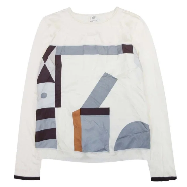 Hermès Twillaine Knit Silk Long Sleeve Geometric Pattern Top 34 Ivory Gray in White Silk from The Reluxe