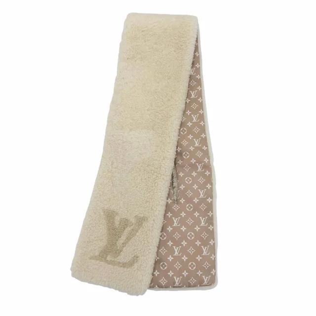 Monogram Shearling Scarf LV Logo Beige in Beige Silk from The Reluxe