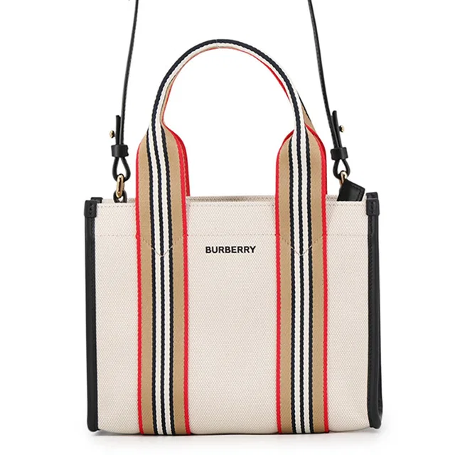 Burberry Icon Stripe Trim Tote Natural/Brown/Black/Red81214931 Canvas Leather Size Small in Black Canvas from GALLERY RARE
